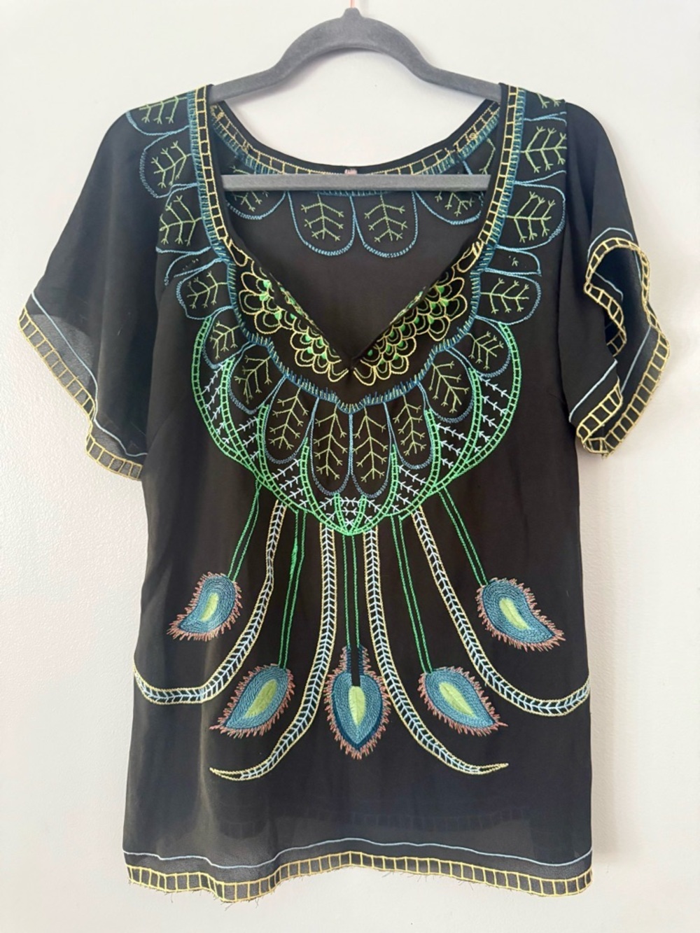 Mushka by Sienna Rose Peacock Embroidered Sheer Boho Blouse - Size L (22” P2P)